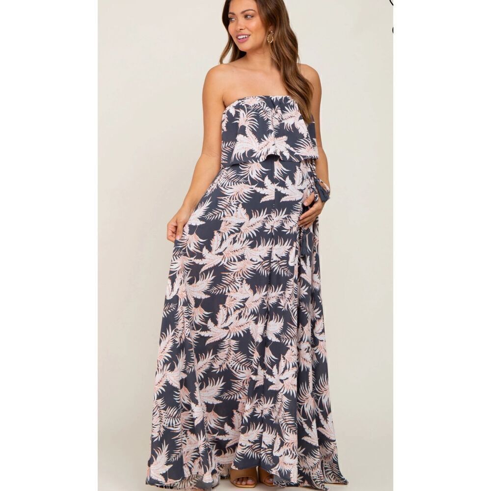 PinkBlush Charcoal Leaf Print Strapless Front Tie MaternityโMaxi Dress Nwt Mediu